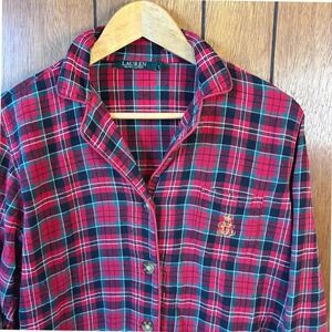 Lauren Ralph Lauren‎ Womens Medium Plaid Pajama Top Button Front Long Sleeve
